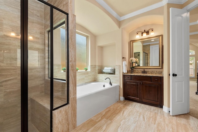 19023 Wild Thornberry Dr, Tomball, TX 77377 - bathroom with a bath, vanity, ornamental molding, and an enclosed shower