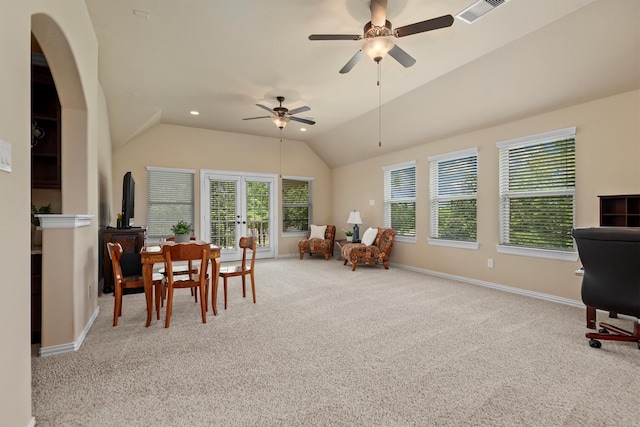 19023 Wild Thornberry Dr, Tomball, TX 77377 - carpeted dining space featuring vaulted ceiling, a ceiling fan, plenty of natural light, baseboards, and french doors