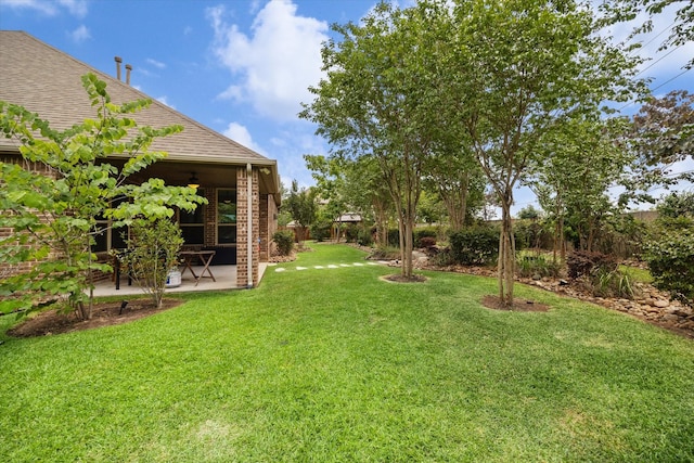 21307 Plum Gate Ct, Richmond, TX 77407 - view of grassy yard featuring ceiling fan and a patio area