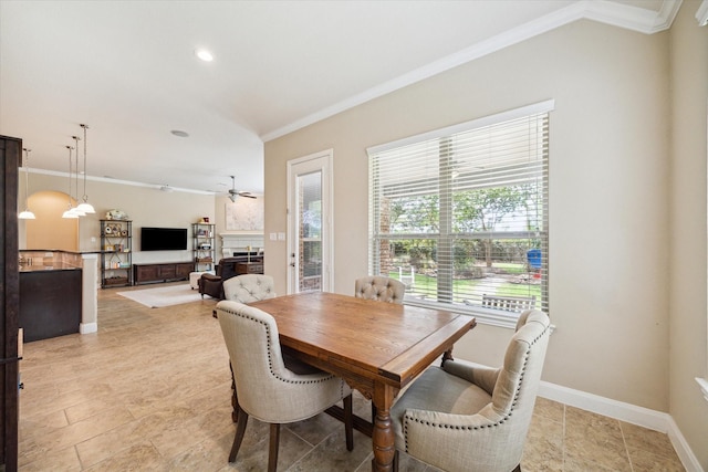 21307 Plum Gate Ct, Richmond, TX 77407 - dining space with crown molding, a ceiling fan, baseboards, and recessed lighting
