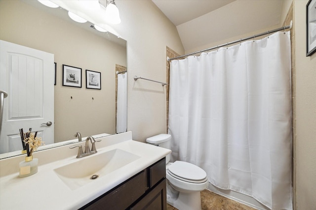 21307 Plum Gate Ct, Richmond, TX 77407 - bathroom with toilet, vanity, lofted ceiling, and curtained shower