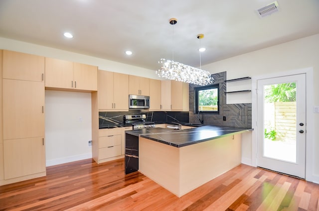 3626 Dreyfus St, Houston, TX 77021 - kitchen featuring stainless steel appliances, a peninsula, a sink, decorative backsplash, and light wood finished floors