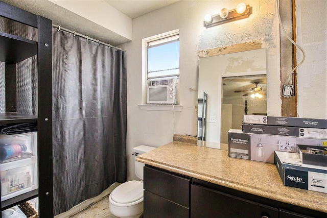 7914 Woodsman Trl, Houston, TX 77040 - bathroom featuring toilet, cooling unit, vanity, a shower with shower curtain, and a ceiling fan