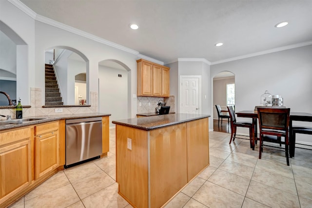 17815 Gables Bend Dr, Tomball, TX 77377 - kitchen with dishwasher, decorative backsplash, light tile patterned floors, dark stone counters, and recessed lighting
