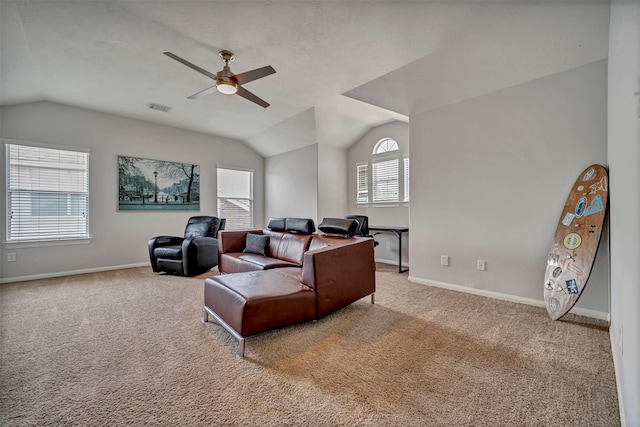 17815 Gables Bend Dr, Tomball, TX 77377 - living room with vaulted ceiling, a ceiling fan, carpet floors, and baseboards