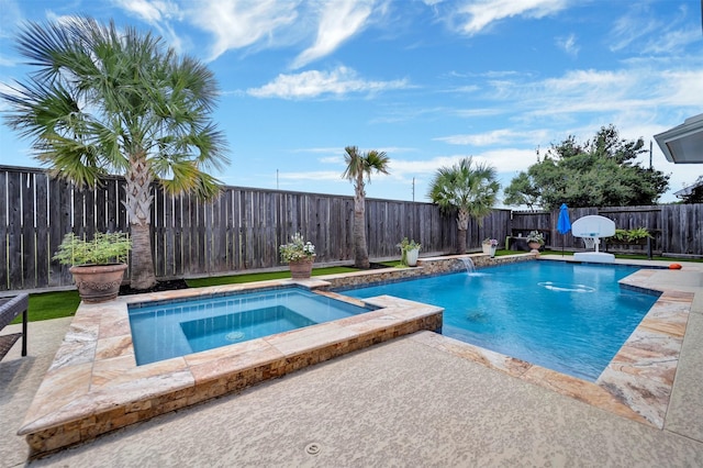 17815 Gables Bend Dr, Tomball, TX 77377 - view of swimming pool featuring a patio, a fenced backyard, and a pool with connected hot tub