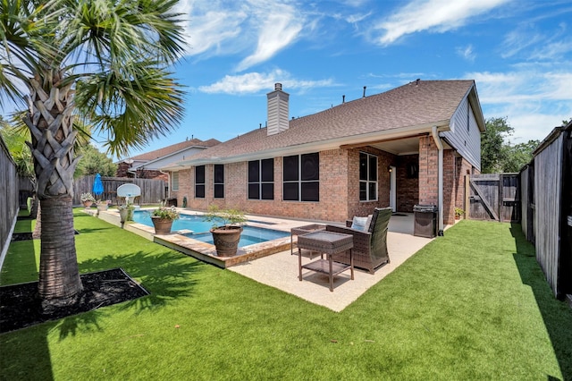 17815 Gables Bend Dr, Tomball, TX 77377 - rear view of house with brick siding, a chimney, a patio, and a shingled roof