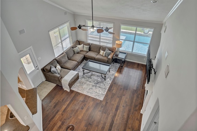 17815 Gables Bend Dr, Tomball, TX 77377 - living room with crown molding, hardwood / wood-style floors, baseboards, and a ceiling fan