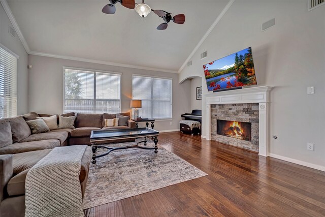 17815 Gables Bend Dr, Tomball, TX 77377 - living area with ceiling fan, plenty of natural light, wood finished floors, baseboards, and crown molding