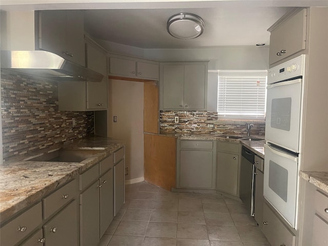 623 E Canino Rd, Houston, TX 77037 - kitchen featuring white double oven, a sink, under cabinet range hood, black electric stovetop, and backsplash