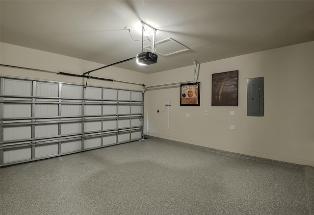 13705 Northline Lake Dr, Houston, TX 77044 - garage featuring electric panel, a garage door opener, and baseboards