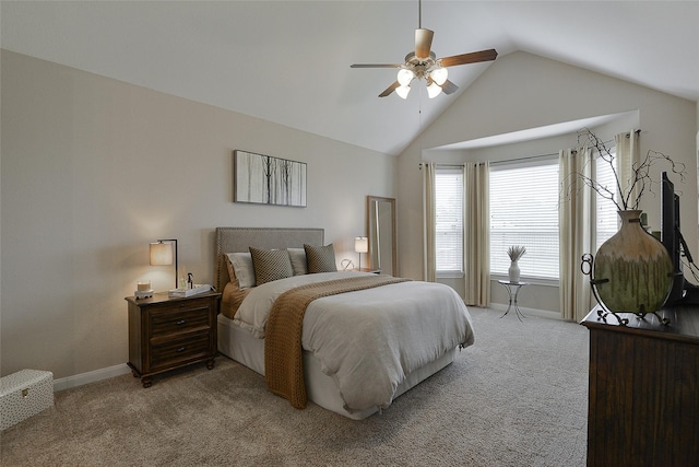 13705 Northline Lake Dr, Houston, TX 77044 - bedroom featuring light carpet, lofted ceiling, baseboards, and a ceiling fan