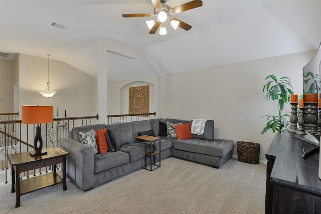 13705 Northline Lake Dr, Houston, TX 77044 - carpeted living room with a ceiling fan, lofted ceiling, and baseboards