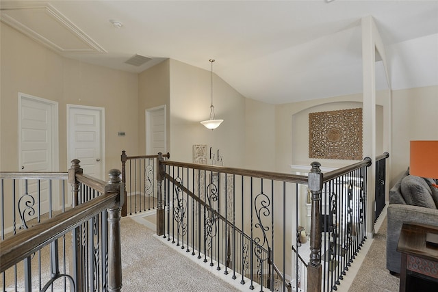 13705 Northline Lake Dr, Houston, TX 77044 - hallway with attic access, an upstairs landing, carpet floors, and lofted ceiling