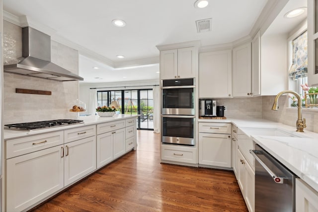 6147 Chevy Chase Dr, Houston, TX 77057 - kitchen featuring stainless steel appliances, wall chimney exhaust hood, a sink, crown molding, and decorative backsplash