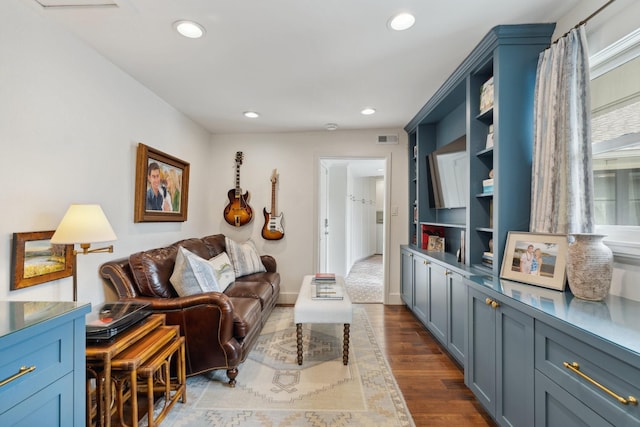 6147 Chevy Chase Dr, Houston, TX 77057 - living area with dark wood-style flooring, recessed lighting, built in features, and baseboards