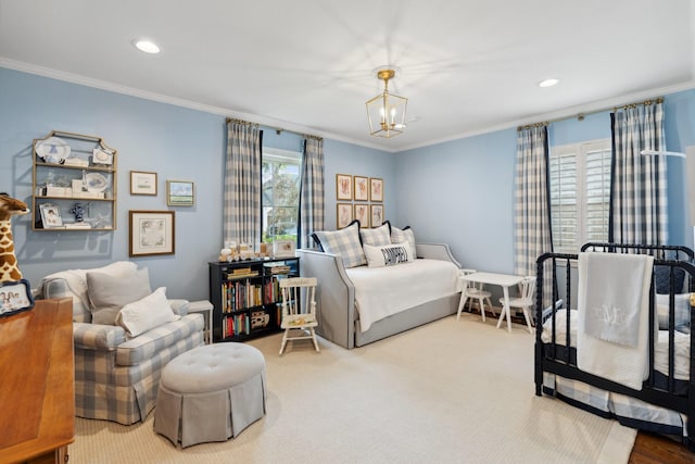 6147 Chevy Chase Dr, Houston, TX 77057 - bedroom featuring crown molding, a chandelier, and recessed lighting