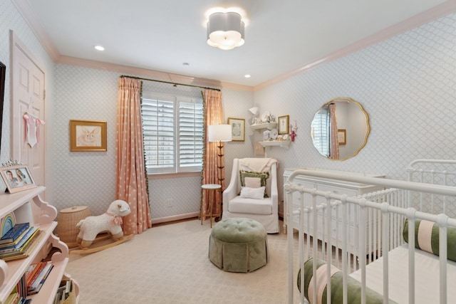 6147 Chevy Chase Dr, Houston, TX 77057 - bedroom featuring ornamental molding, a crib, wallpapered walls, carpet, and baseboards