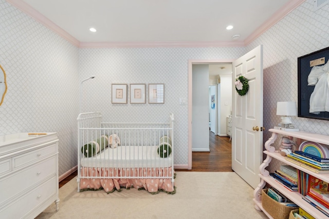 6147 Chevy Chase Dr, Houston, TX 77057 - carpeted bedroom featuring ornamental molding, wallpapered walls, and baseboards