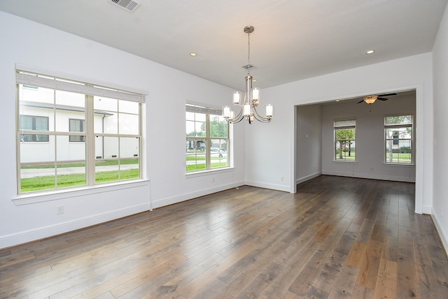 7818 Ludington Dr, Houston, TX 77071 - spare room with a chandelier, baseboards, dark wood-style floors, a ceiling fan, and recessed lighting