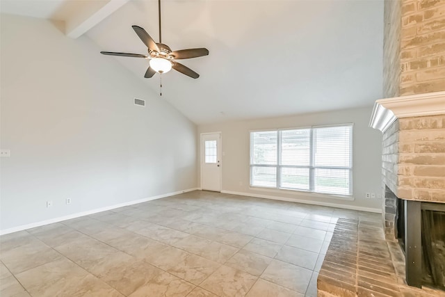 10901 Mesquite Dr, La Porte, TX 77571 - unfurnished living room with high vaulted ceiling, a fireplace, ceiling fan, beam ceiling, and baseboards
