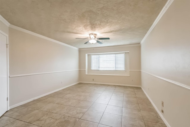 10901 Mesquite Dr, La Porte, TX 77571 - empty room featuring crown molding, ceiling fan, light tile patterned flooring, baseboards, and a textured ceiling