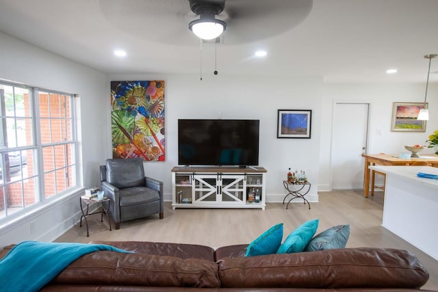 2302 Hewitt Dr, Houston, TX 77018 - living area featuring wood finished floors, baseboards, a ceiling fan, and recessed lighting