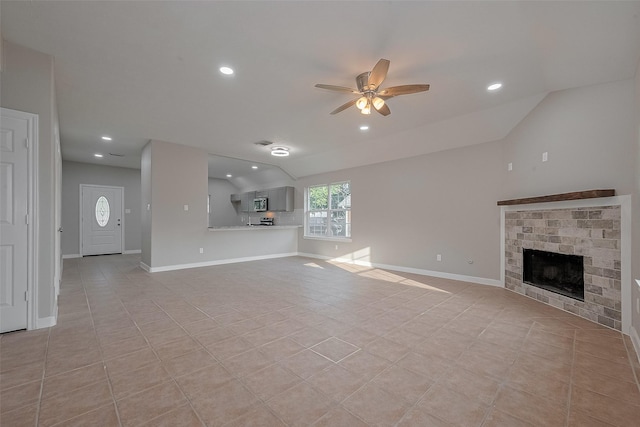 7119 Piney Meadow Ct, Houston, TX 77041 - unfurnished living room with a ceiling fan, a fireplace, recessed lighting, light tile patterned floors, and baseboards