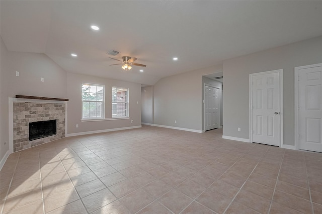 7119 Piney Meadow Ct, Houston, TX 77041 - unfurnished living room with light tile patterned floors, ceiling fan, recessed lighting, a brick fireplace, and baseboards