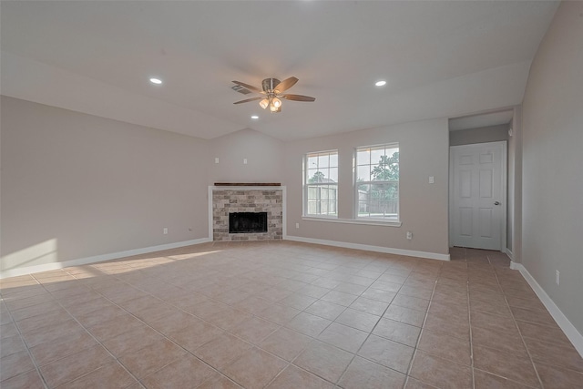 7119 Piney Meadow Ct, Houston, TX 77041 - unfurnished living room with ceiling fan, light tile patterned flooring, baseboards, a fireplace, and recessed lighting
