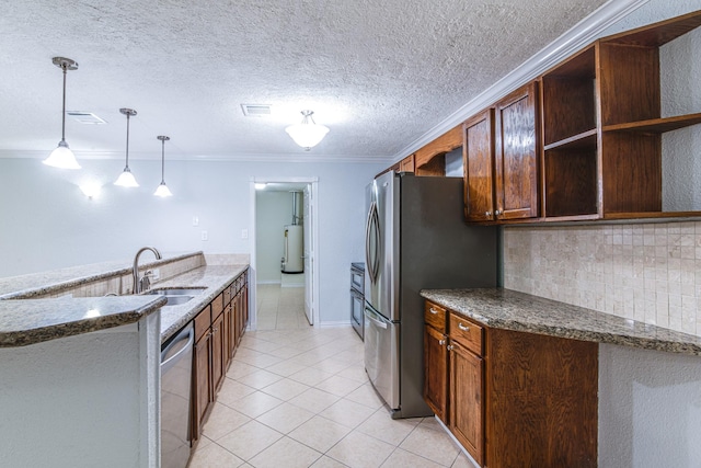 5214 Meadow Crest St, La Porte, TX 77571 - kitchen with a sink, stainless steel appliances, open shelves, decorative backsplash, and crown molding