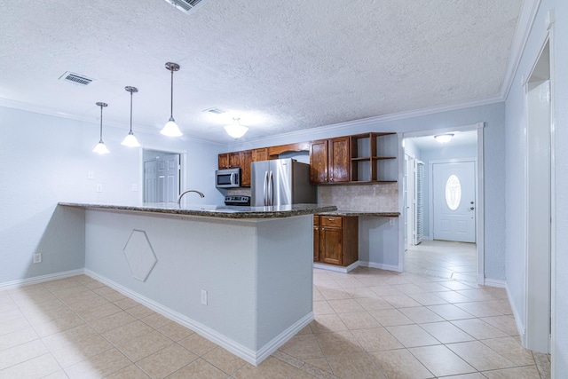 5214 Meadow Crest St, La Porte, TX 77571 - kitchen featuring appliances with stainless steel finishes, open shelves, light tile patterned flooring, a peninsula, and crown molding