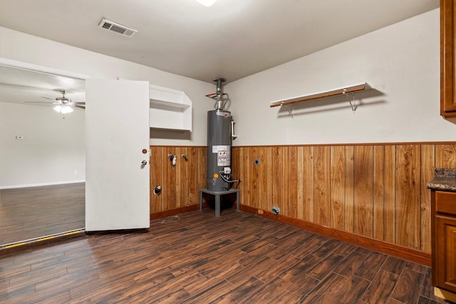 1121 E 13th St, Deer Park, TX 77536 - unfurnished room with gas water heater, dark wood-type flooring, a wainscoted wall, ceiling fan, and wooden walls