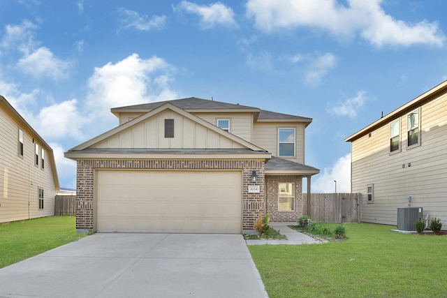 4354 Tulip Oak Dr, Houston, TX 77068 - view of front facade featuring brick siding, central AC unit, board and batten siding, concrete driveway, and an attached garage