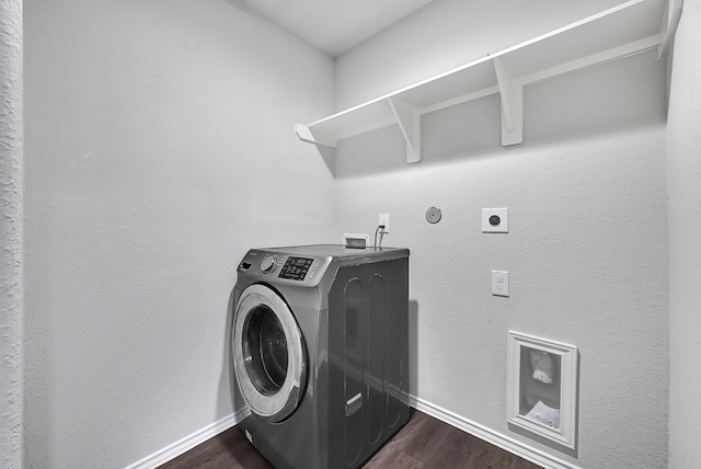4354 Tulip Oak Dr, Houston, TX 77068 - washroom with washer / clothes dryer, dark wood-style floors, and baseboards