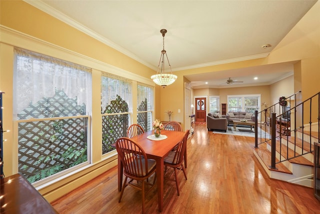 606 E 27th St, Houston, TX 77008 - dining room with wood finished floors, stairs, ornamental molding, and ceiling fan