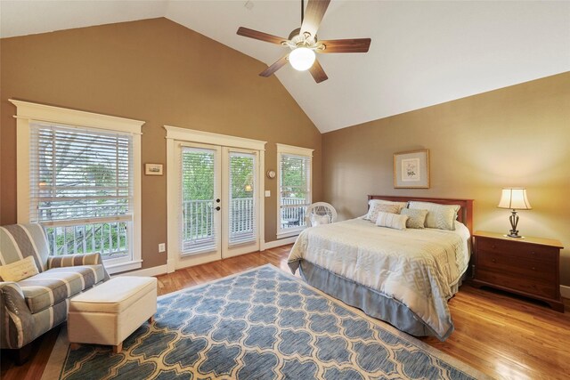 606 E 27th St, Houston, TX 77008 - bedroom with access to exterior, wood finished floors, high vaulted ceiling, french doors, and a ceiling fan