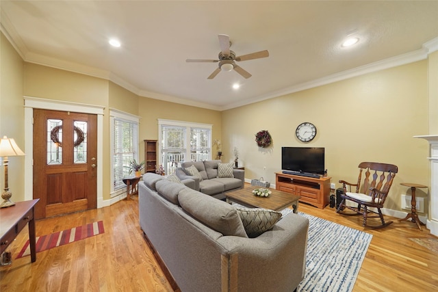 606 E 27th St, Houston, TX 77008 - living room with a ceiling fan, light wood-style flooring, recessed lighting, ornamental molding, and baseboards