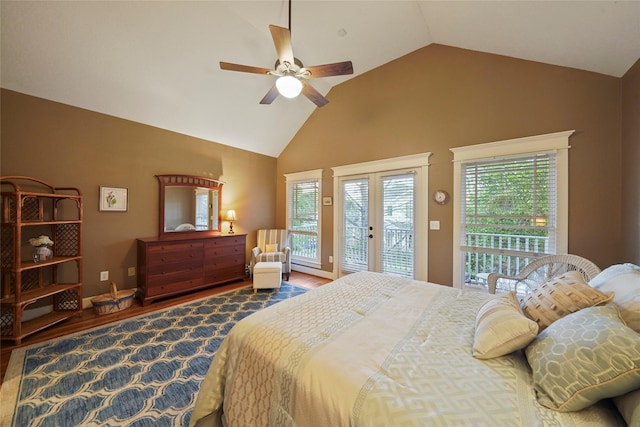 606 E 27th St, Houston, TX 77008 - bedroom featuring access to exterior, french doors, wood finished floors, high vaulted ceiling, and a ceiling fan