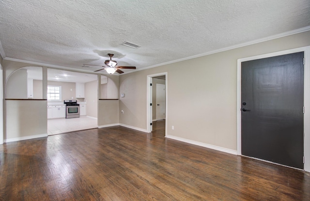 2020 Vince St, Pasadena, TX 77502 - unfurnished living room featuring ceiling fan, wood finished floors, a textured ceiling, crown molding, and baseboards