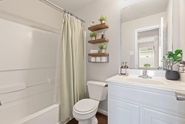 4423 Olive Field Ct, Richmond, TX 77469 - bathroom featuring toilet, vanity, shower / bathtub combination with curtain, and wood finished floors