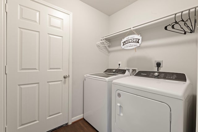4423 Olive Field Ct, Richmond, TX 77469 - laundry room with separate washer and dryer, dark wood-style floors, and baseboards
