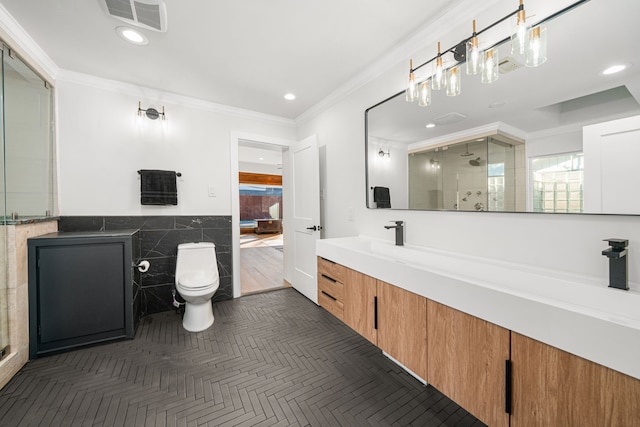 5747 Jackwood St, Houston, TX 77096 - full bath with tile walls, a shower stall, vanity, toilet, and ornamental molding