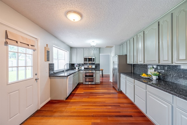 4611 Wolverhampton Way, Missouri City, TX 77459 - kitchen featuring stainless steel appliances, wood finished floors, a sink, healthy amount of natural light, and a textured ceiling