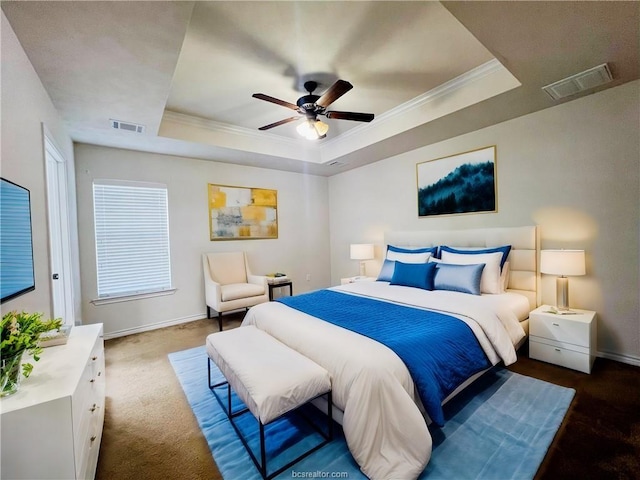 1027 Emerald Dove Ave, College Station, TX 77845 - carpeted bedroom featuring a raised ceiling, ornamental molding, baseboards, and ceiling fan
