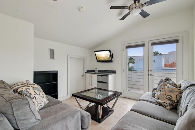 4129 Dickson St, Houston, TX 77007 - living room featuring lofted ceiling, a ceiling fan, and french doors