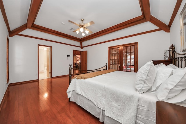 1207 W Edgewood Dr, Friendswood, TX 77546 - bedroom with hardwood / wood-style flooring, baseboards, french doors, a ceiling fan, and connected bathroom