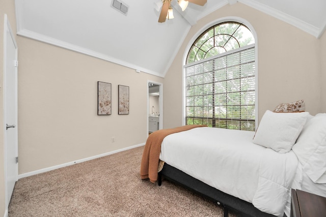 1207 W Edgewood Dr, Friendswood, TX 77546 - bedroom with lofted ceiling, carpet flooring, ensuite bath, baseboards, and a ceiling fan