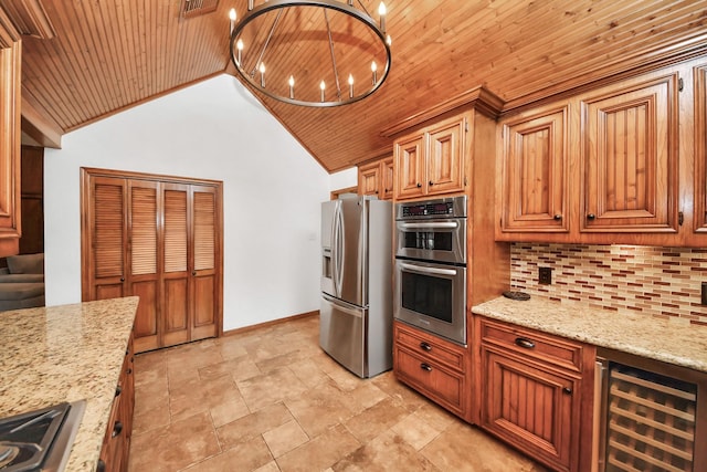 1207 W Edgewood Dr, Friendswood, TX 77546 - kitchen with stainless steel appliances, wine cooler, decorative backsplash, wooden ceiling, and light stone countertops