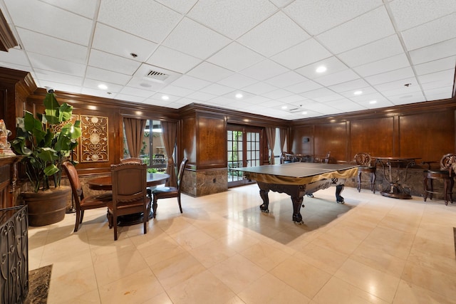 3525 Sage Rd Unit 1104, Houston, TX 77056 - rec room featuring crown molding, billiards table, a drop ceiling, wood walls, and french doors